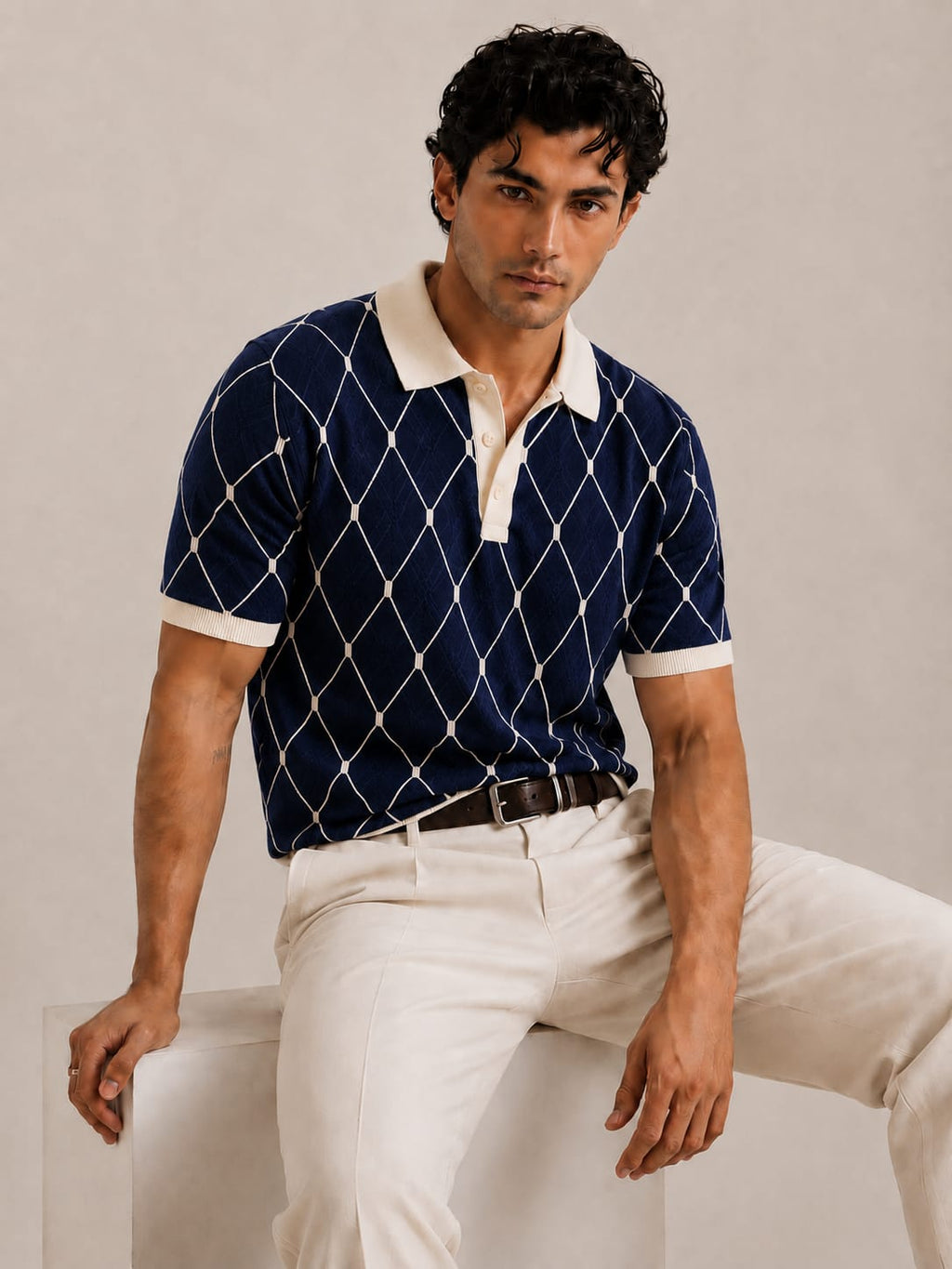 Navy Cream Diamond Knit Polo by BEZOKE - Side view