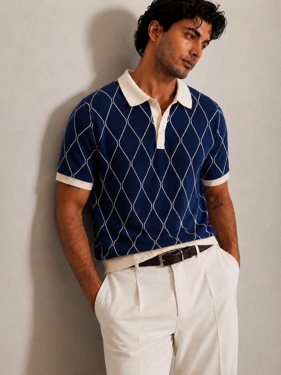 Navy Cream Diamond Knit Polo by BEZOKE - Full length view