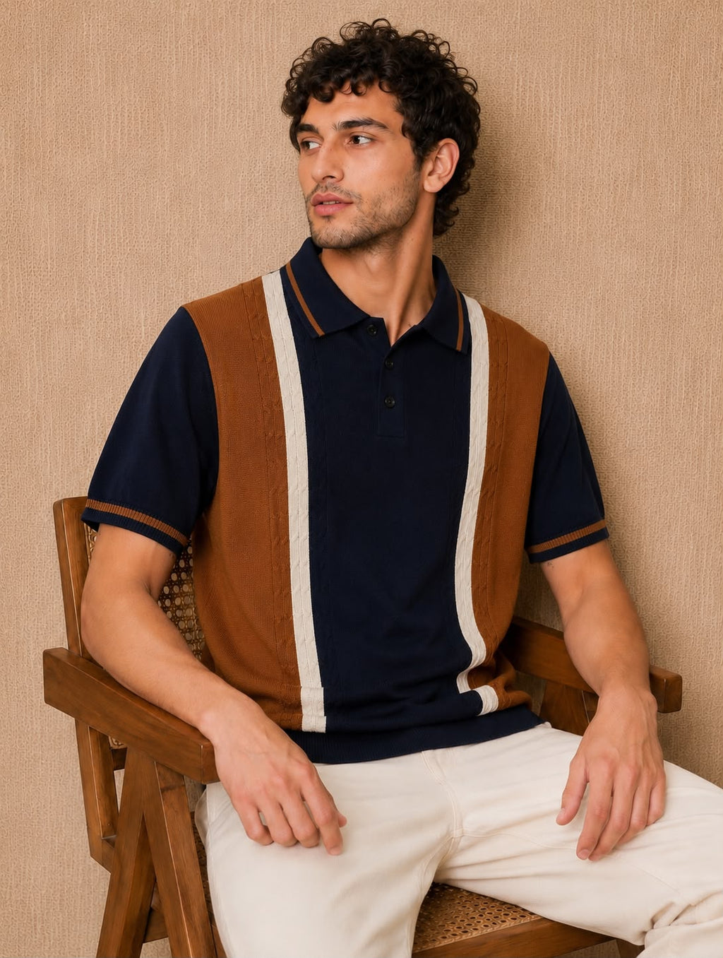 PRESTIGE KNIT NAVY BLUE POLO – vertical stripe in navy, tan and cream
