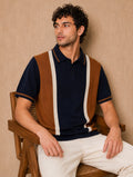 PRESTIGE KNIT NAVY BLUE POLO – vertical stripe in navy, tan and cream