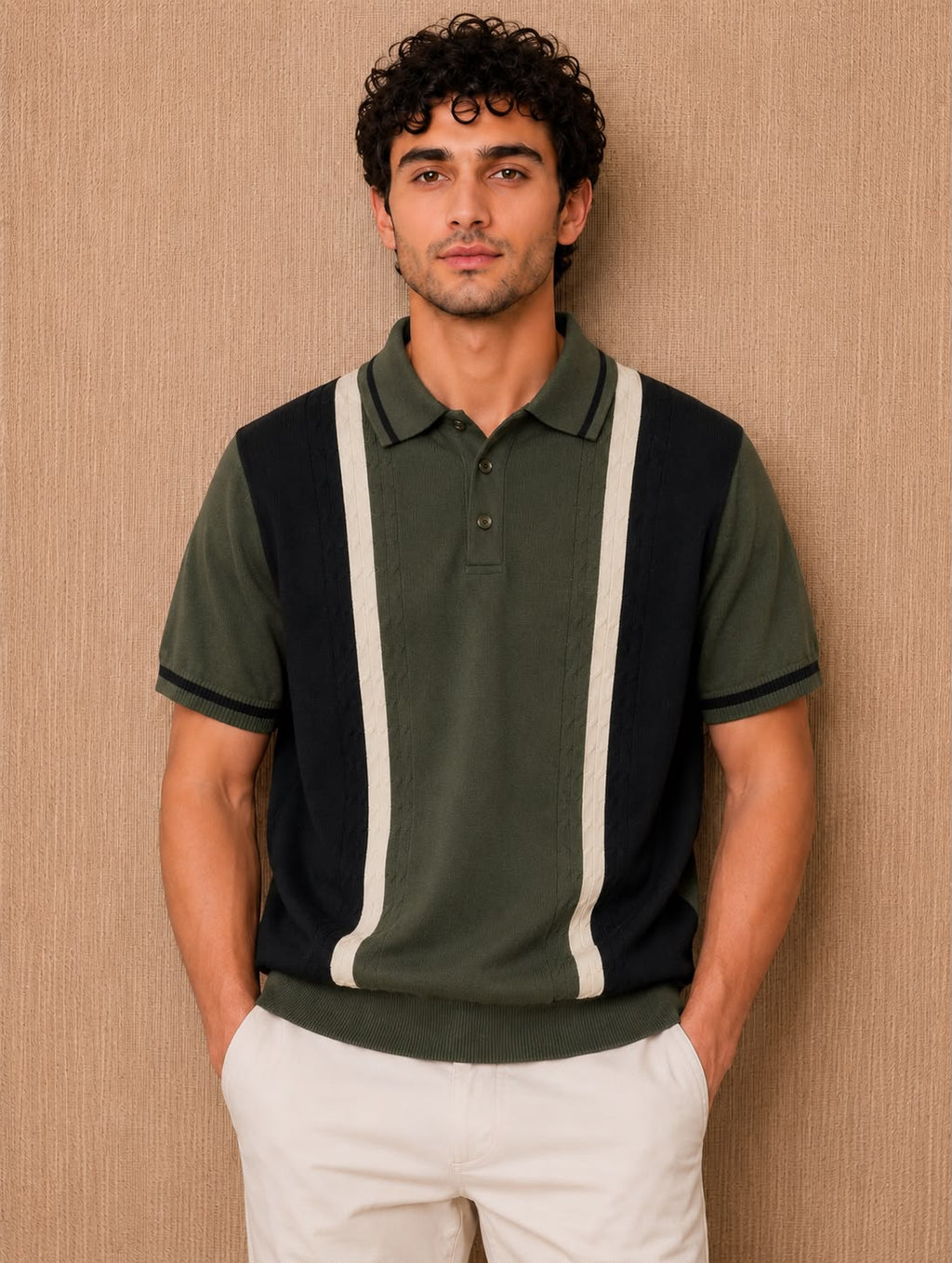 PRESTIGE KNIT GREY POLO – vertical stripe in olive, black and cream