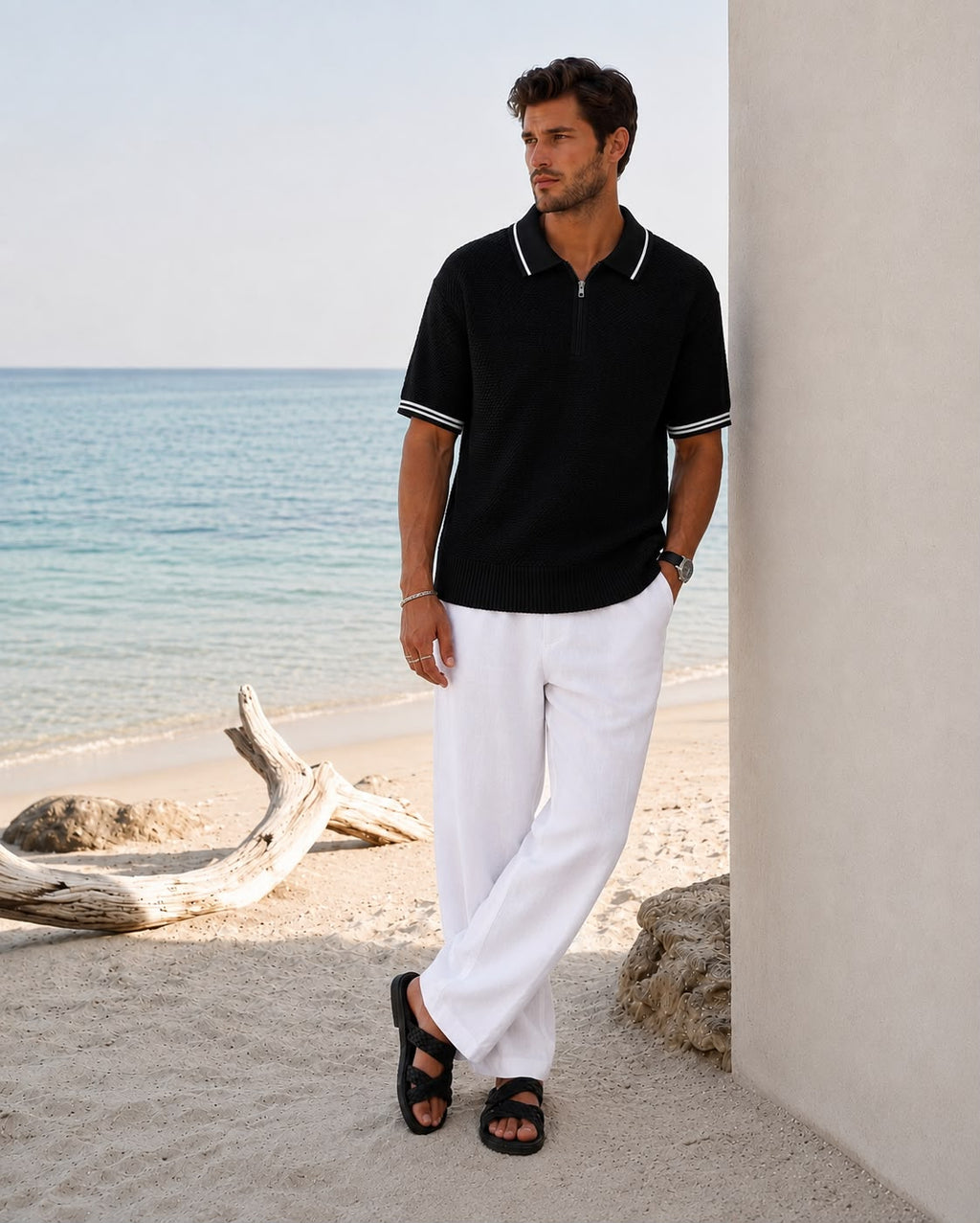 POPCORN KNIT HALF ZIP BLACK POLO – textured black knit with white tipping and half-zip placket