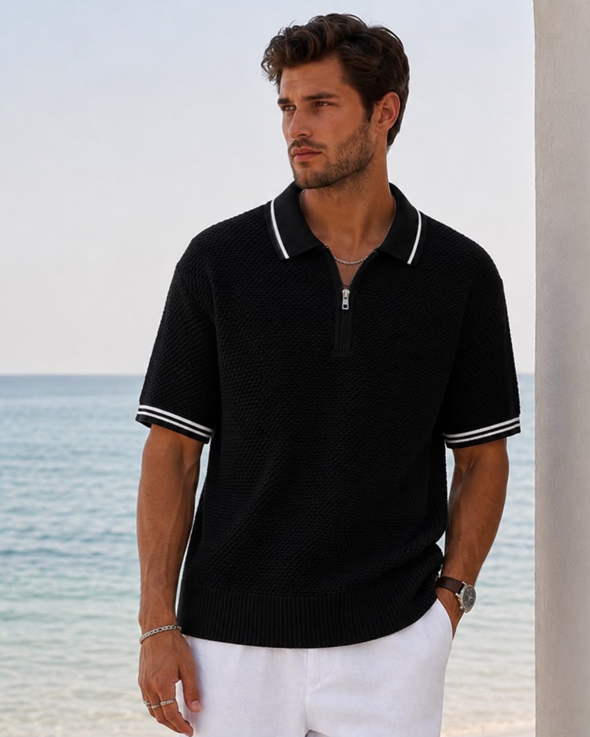 POPCORN KNIT HALF ZIP BLACK POLO