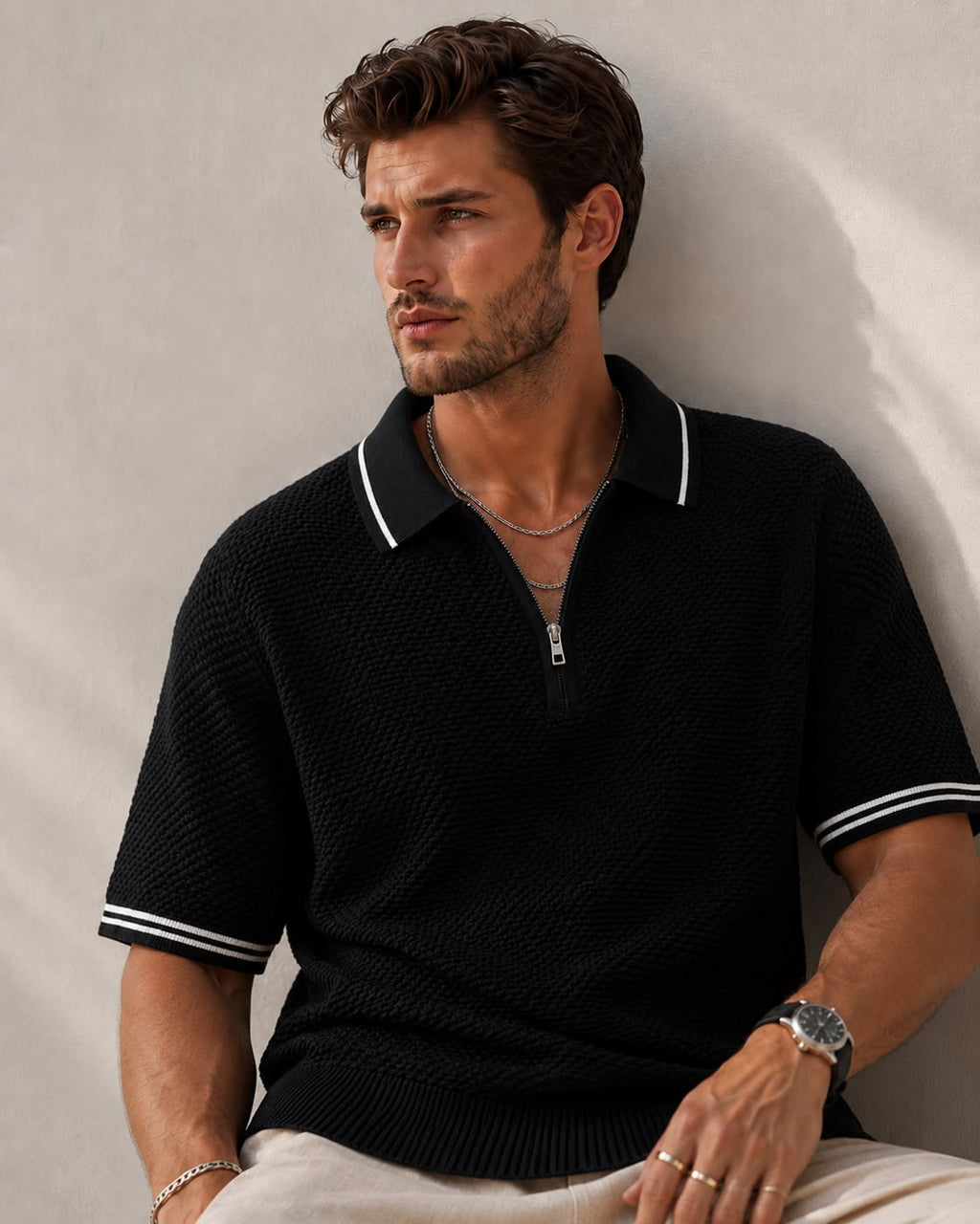 POPCORN KNIT HALF ZIP BLACK POLO