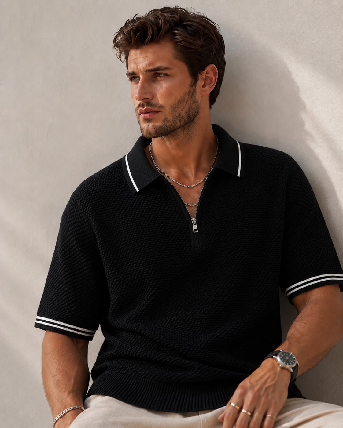 POPCORN KNIT HALF ZIP BLACK POLO