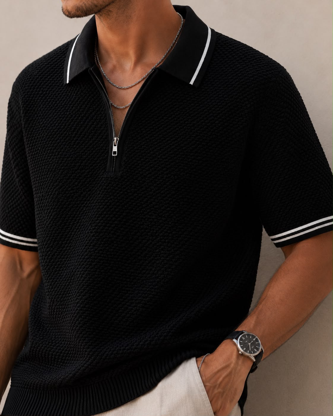POPCORN KNIT HALF ZIP BLACK POLO