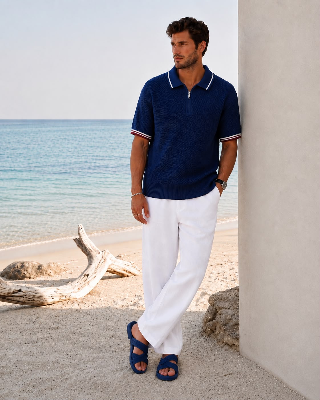 POPCORN KNIT HALF ZIP BLUE POLO