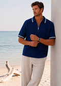 VERONA ZIP BLUE POLO – navy textured knit half-zip polo with white tipping