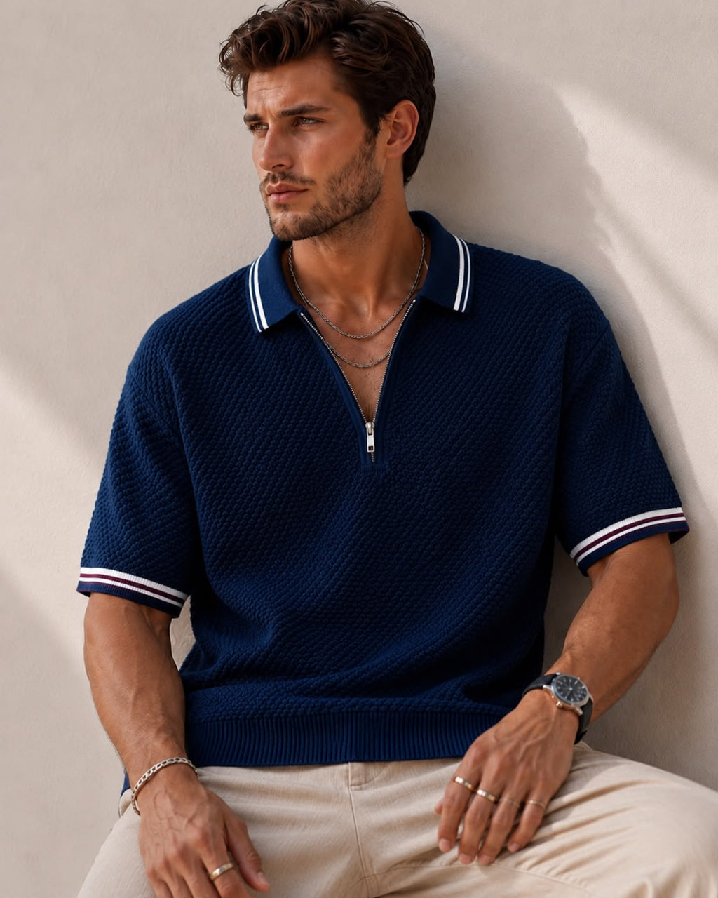 POPCORN KNIT HALF ZIP BLUE POLO
