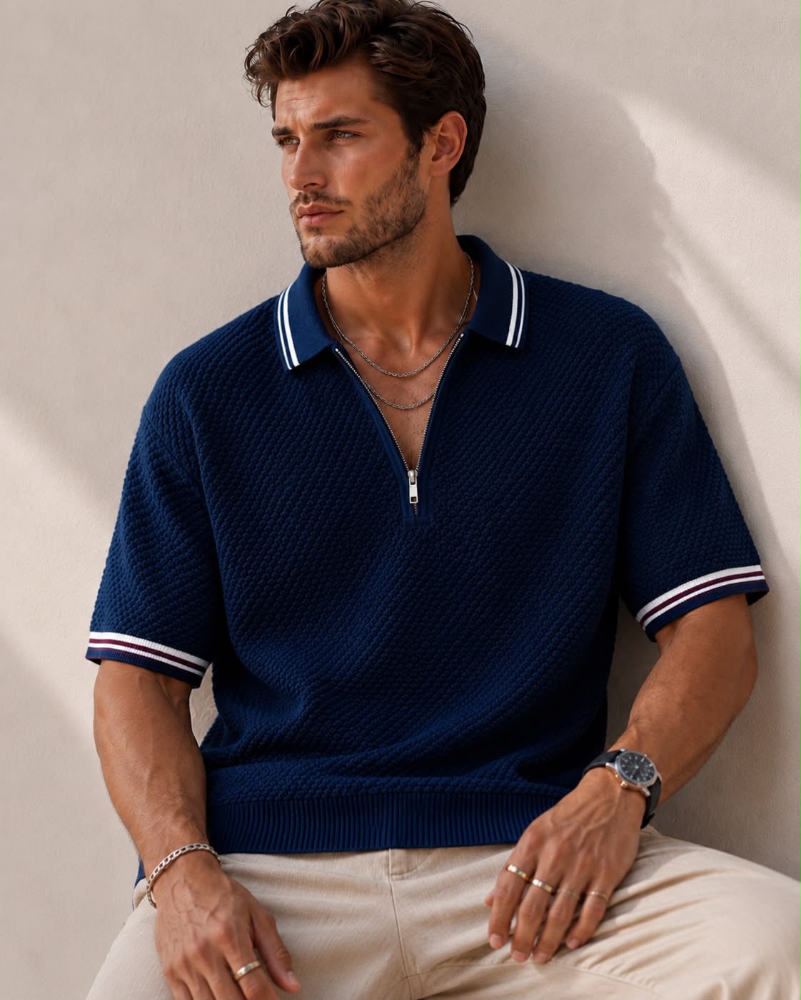 POPCORN KNIT HALF ZIP BLUE POLO