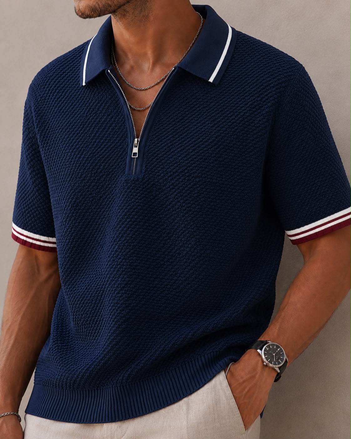 POPCORN KNIT HALF ZIP BLUE POLO