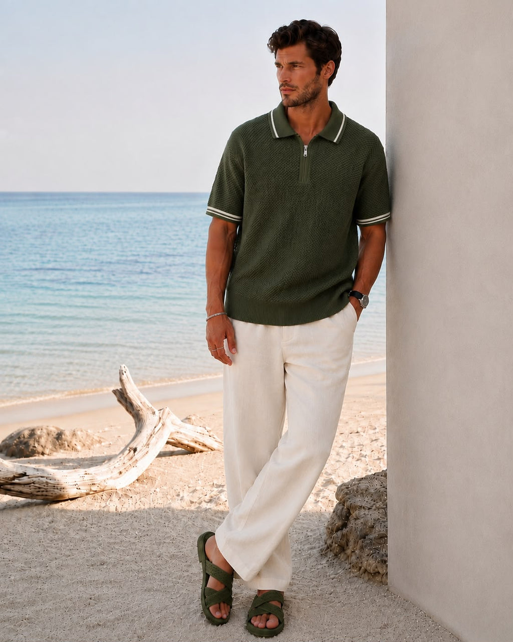 POPCORN KNIT HALF ZIP GREEN POLO