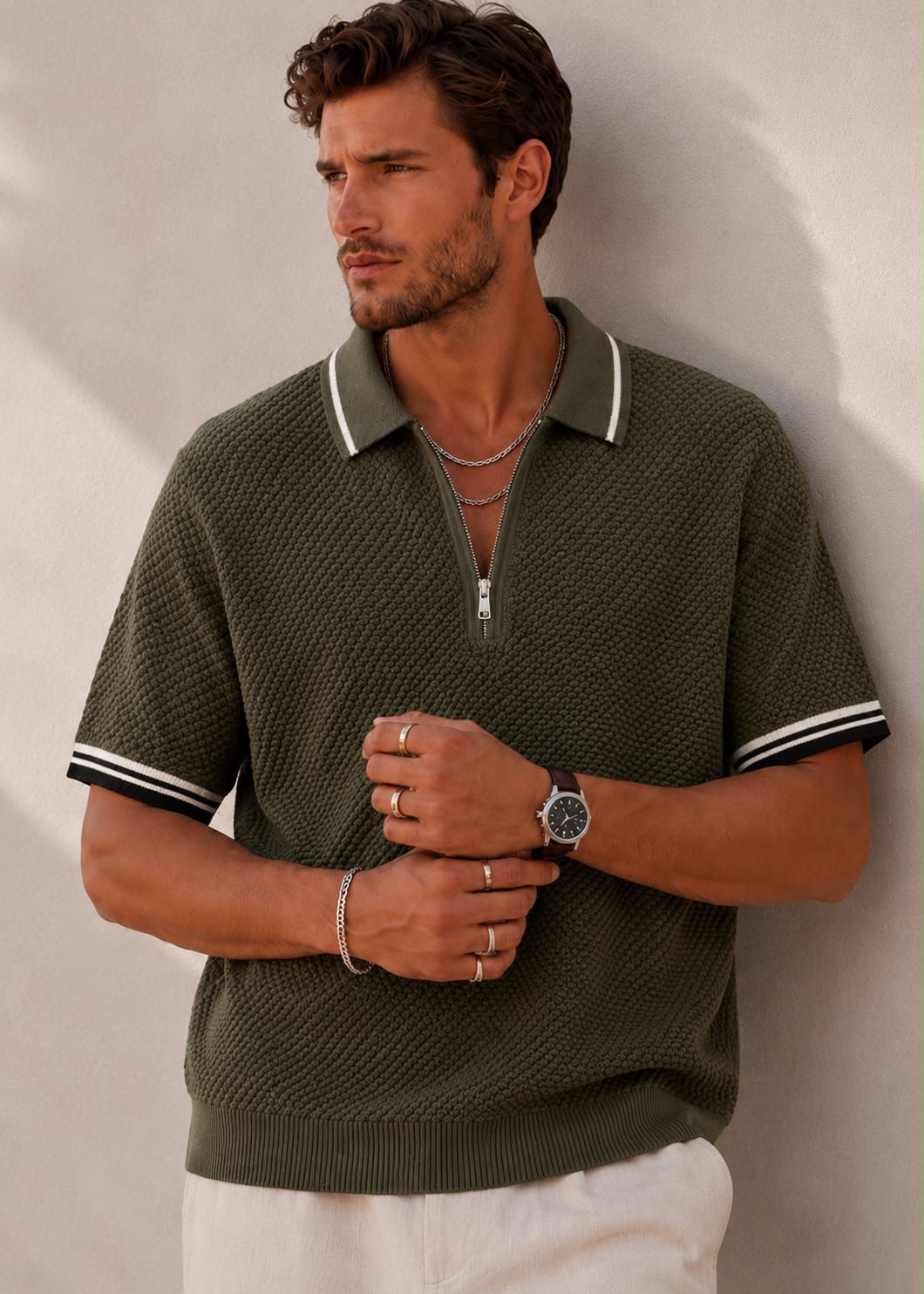 POPCORN KNIT HALF ZIP GREEN POLO – olive green popcorn-knit with black and white tipping and half-zip placket