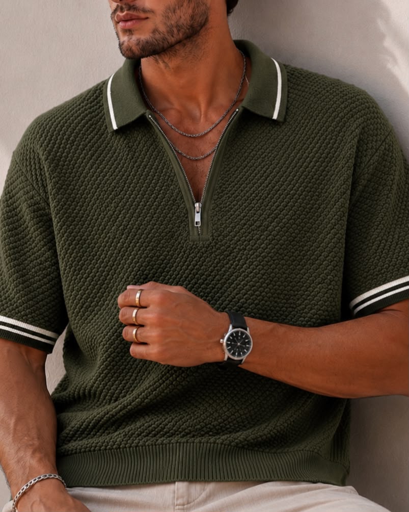 POPCORN KNIT HALF ZIP GREEN POLO