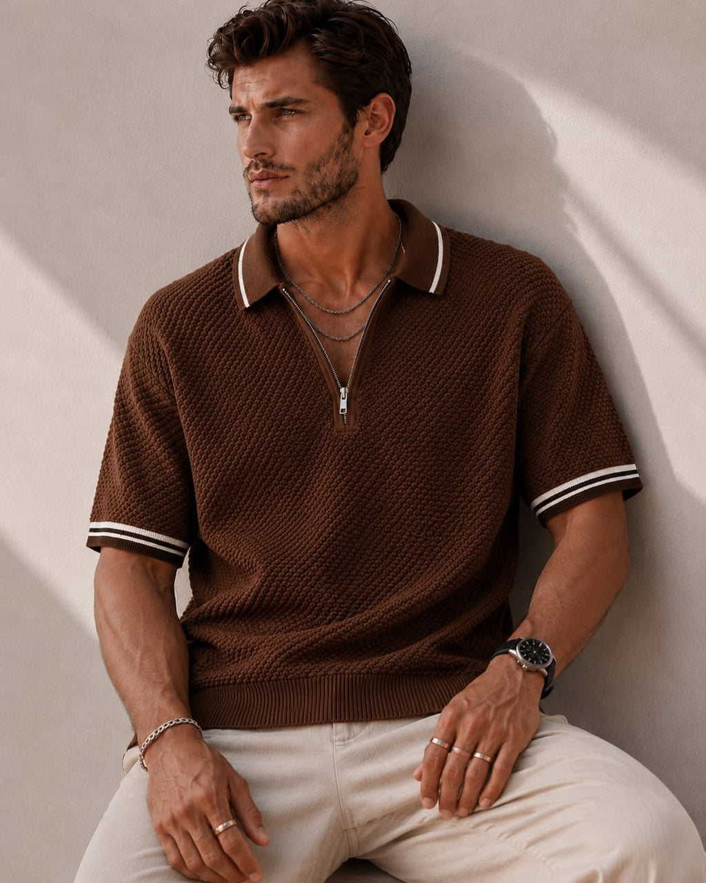 Popcorn Knit Half-Zip Polo in Brown – BEZOKE