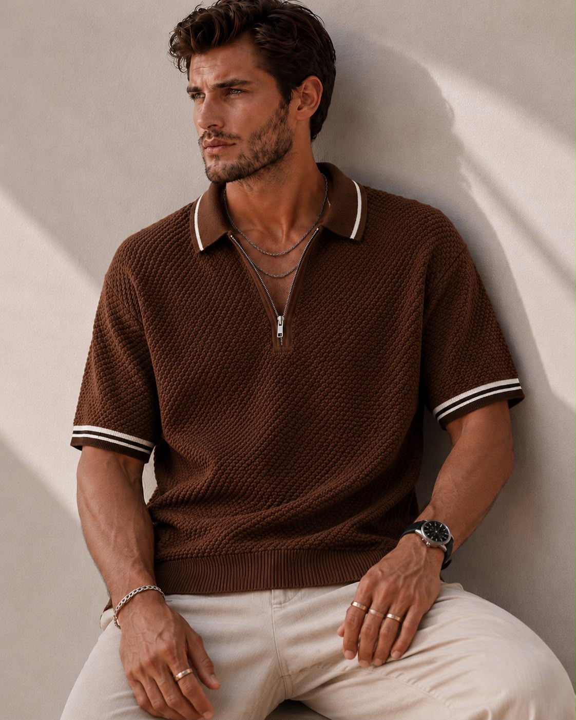 Popcorn Knit Half-Zip Polo in Brown – BEZOKE