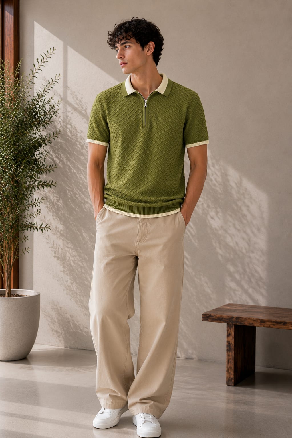 Santorini Diamond Knit Half-Zip Polo in Olive Green – BEZOKE