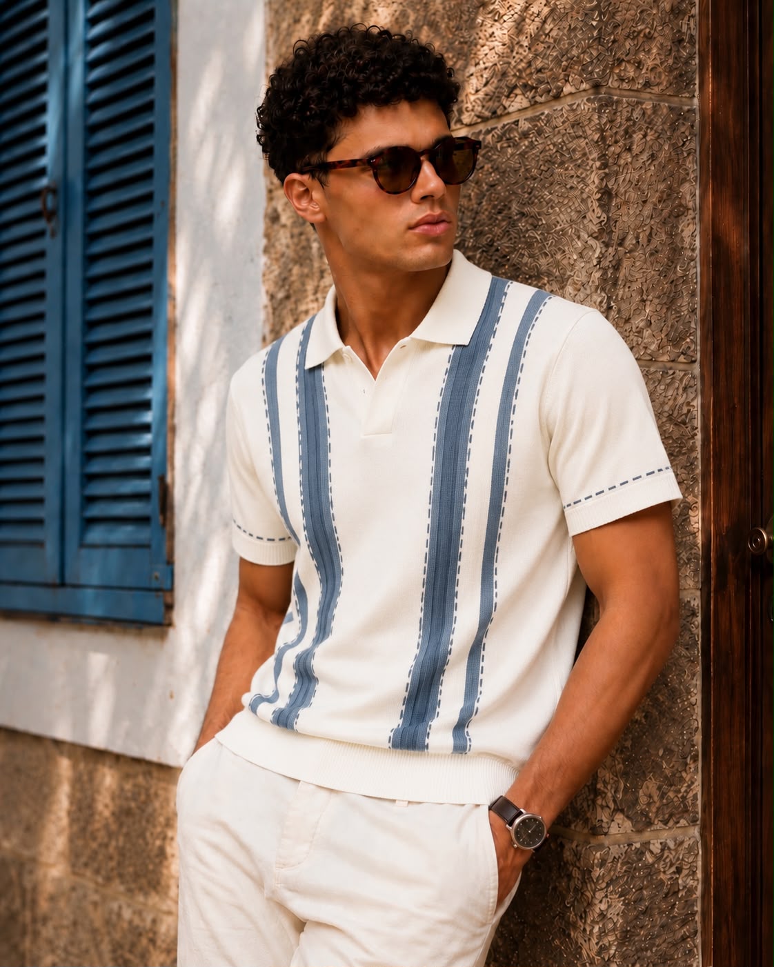 Valencia Stripe Knit Polo in White/Blue – BEZOKE