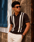 Valencia Stripe Knit Polo in Brown/White – BEZOKE