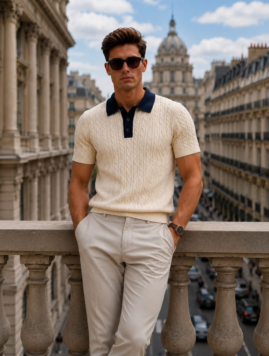 Heritage Cable Knit Polo in Ivory/Navy – BEZOKE