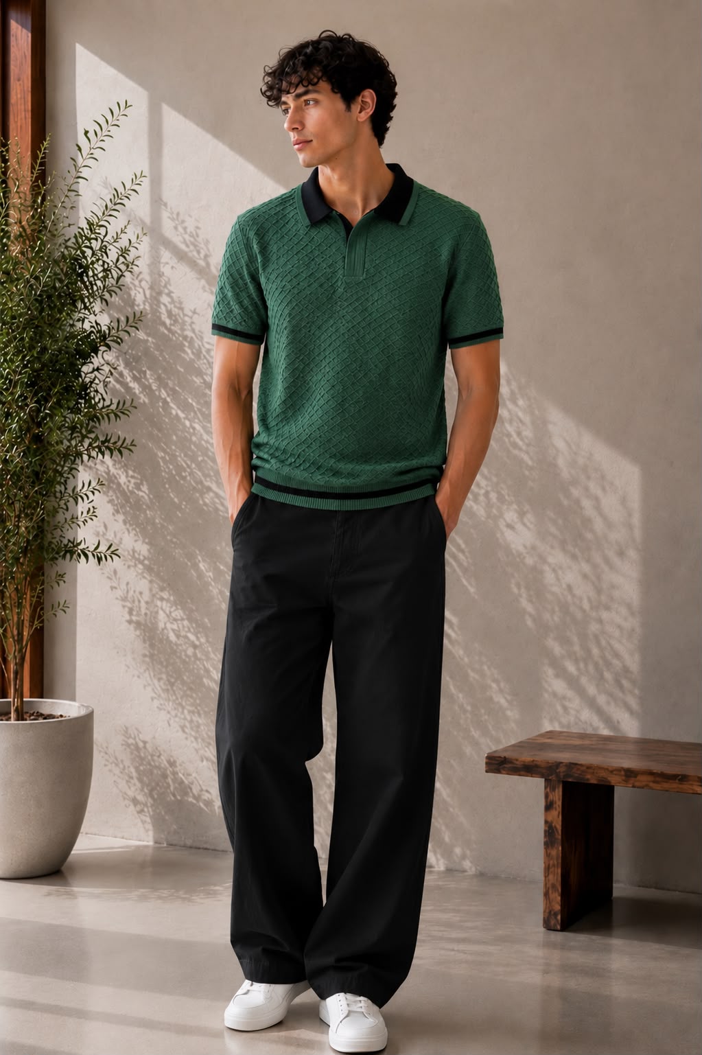Santorini Diamond Knit Half-Zip Polo in Forest Green/Black – BEZOKE