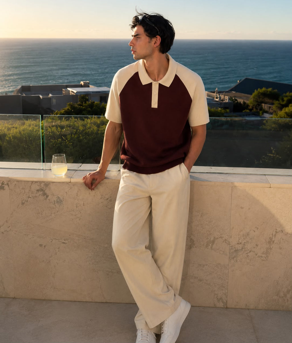 Classic Raglan Knit Polo in Burgundy/Ivory – BEZOKE