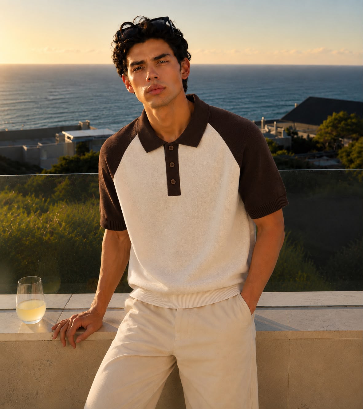 Classic Raglan Knit Polo in Ivory/Brown – BEZOKE