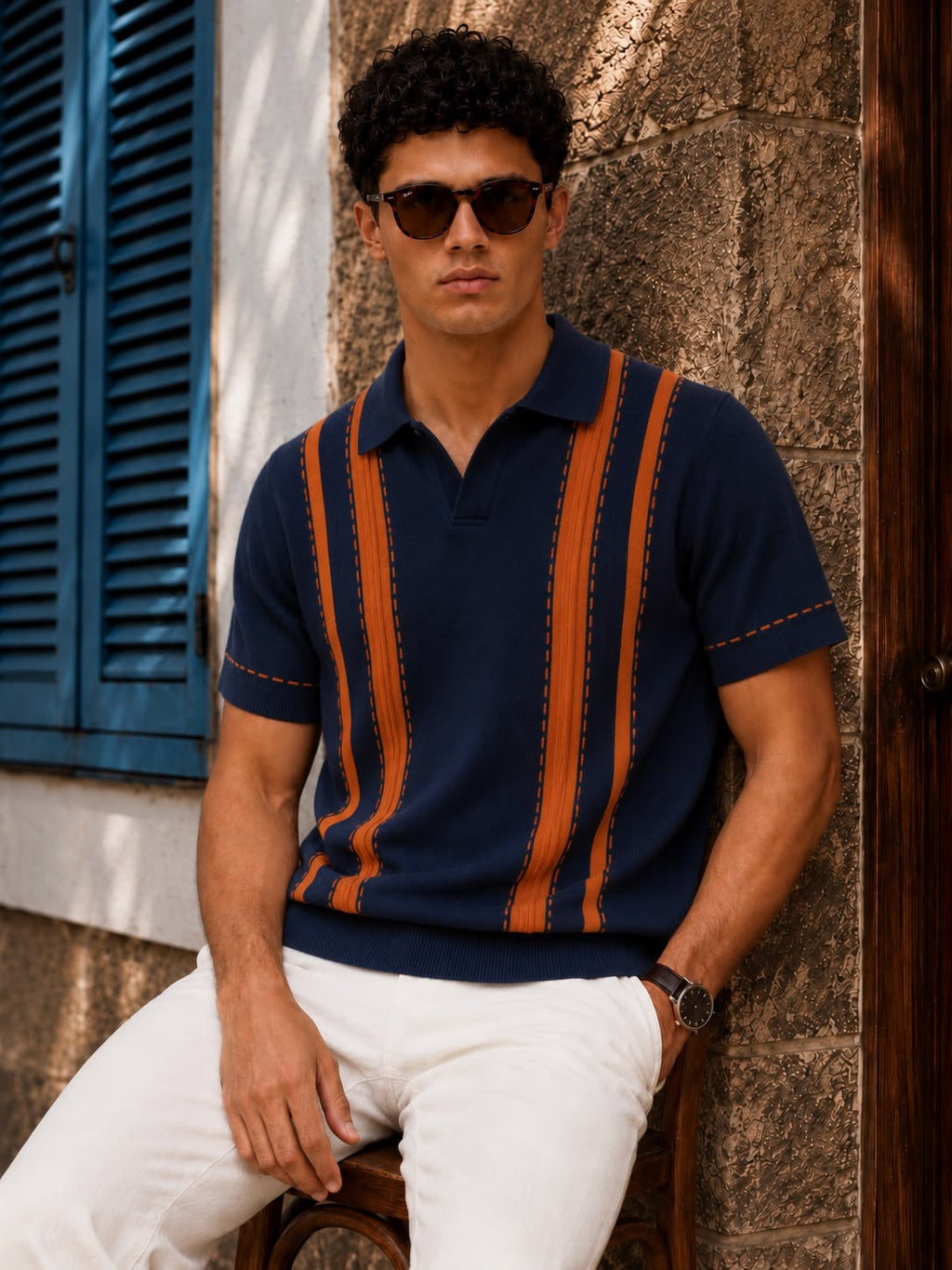 Valencia Stripe Knit Polo in Navy/Orange – BEZOKE