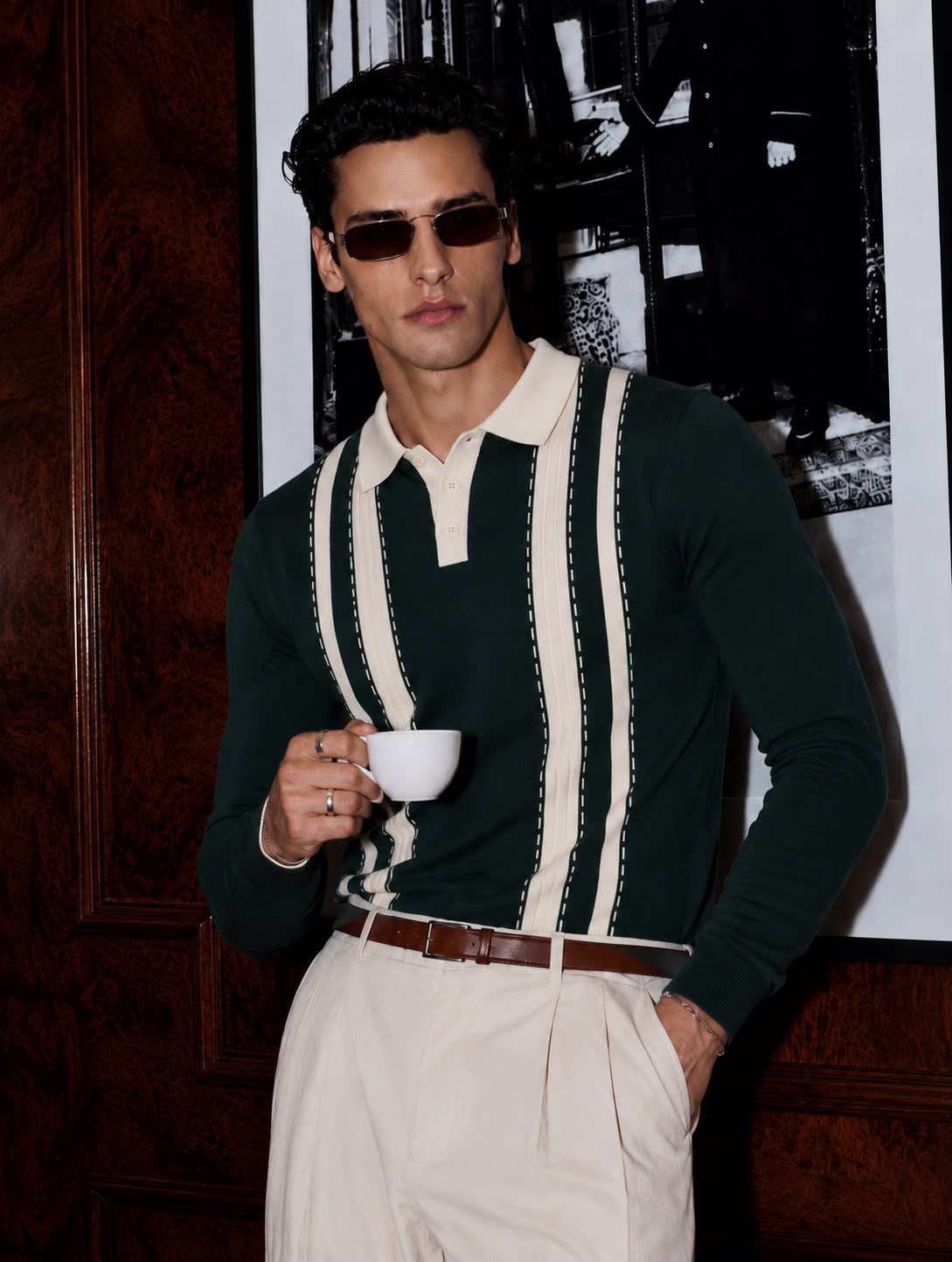 Valencia Stripe Knit Polo in Forest Green and Ivory