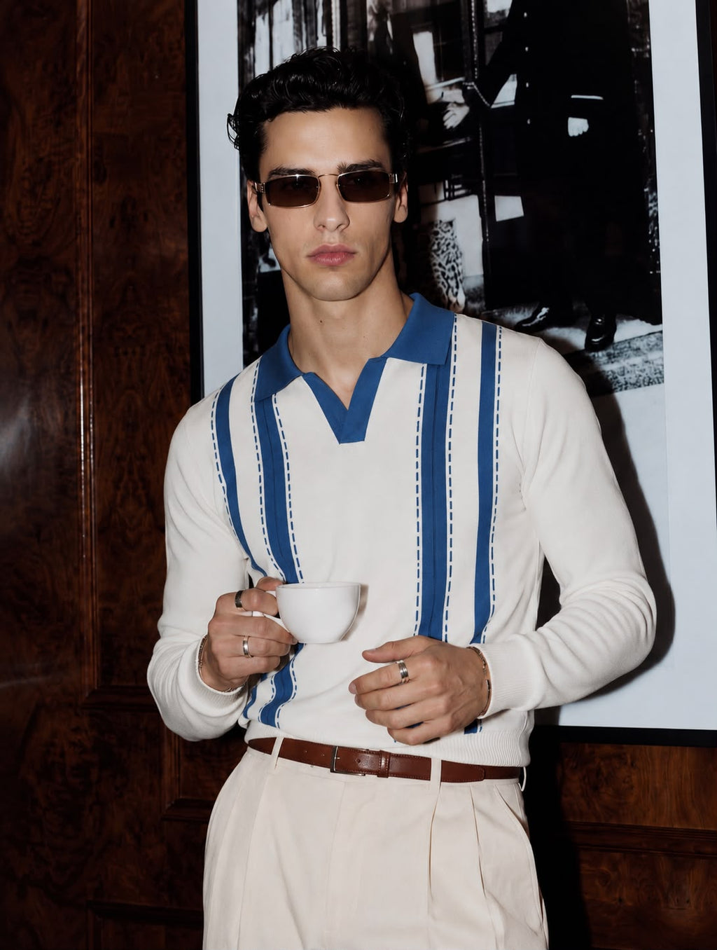 Valencia Stripe Knit Polo in Ivory and Cobalt Blue