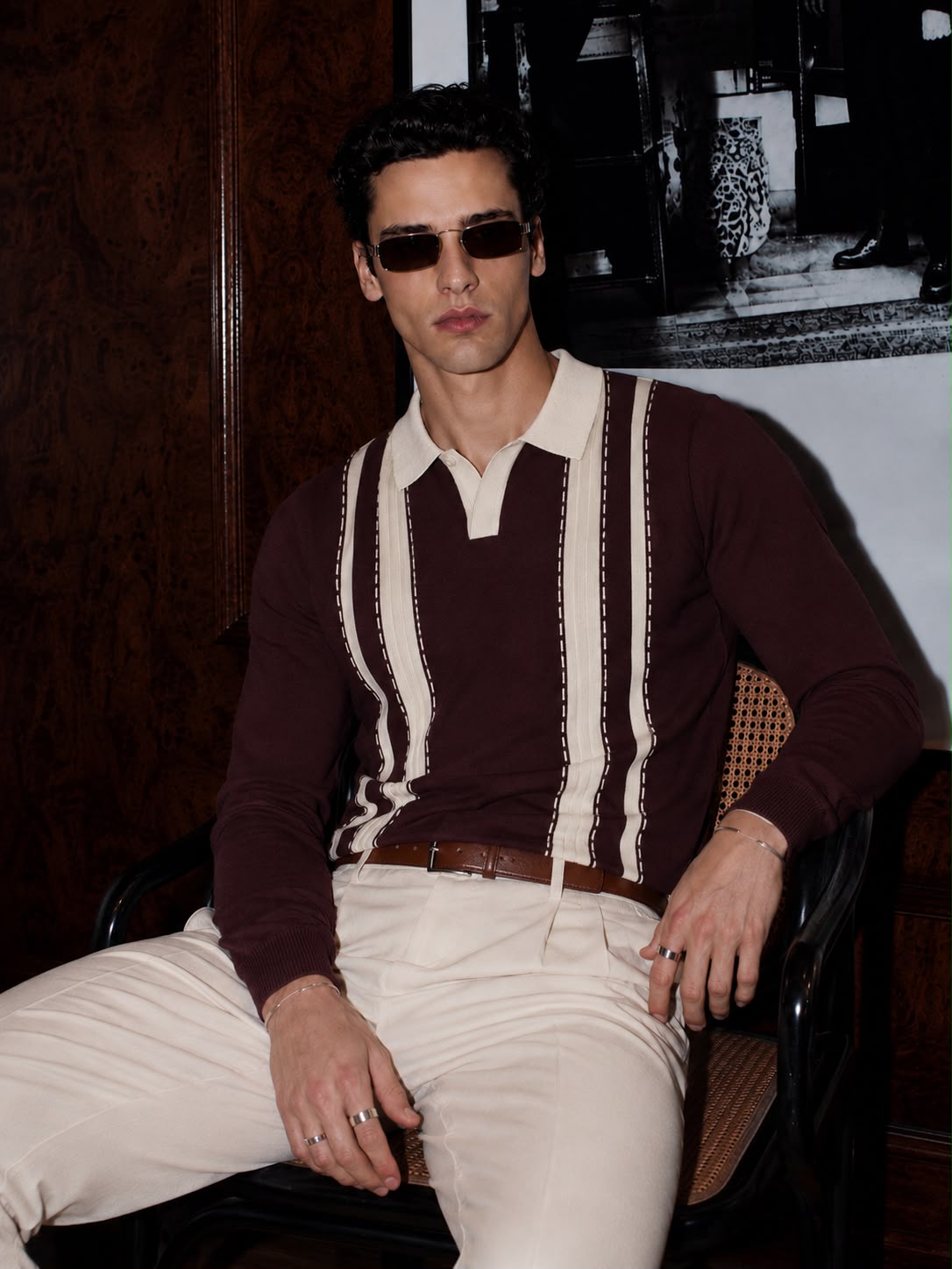 Valencia Stripe Knit Polo in Chocolate Brown and Ivory