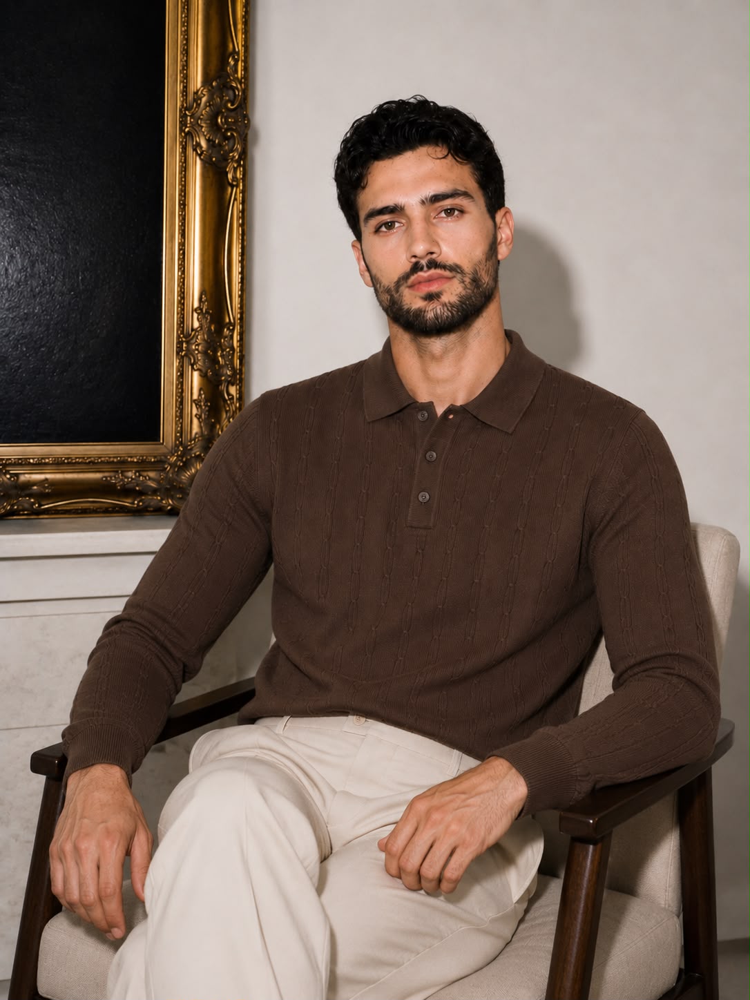 Royal Cable Knit Polo in Chocolate Brown