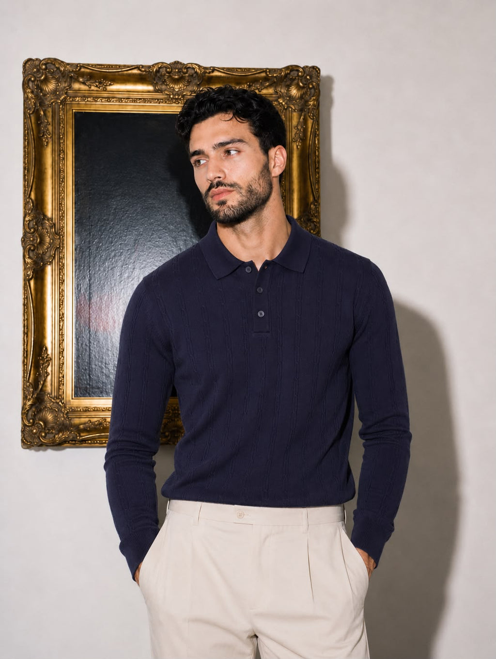 Royal Cable Knit Polo in Navy