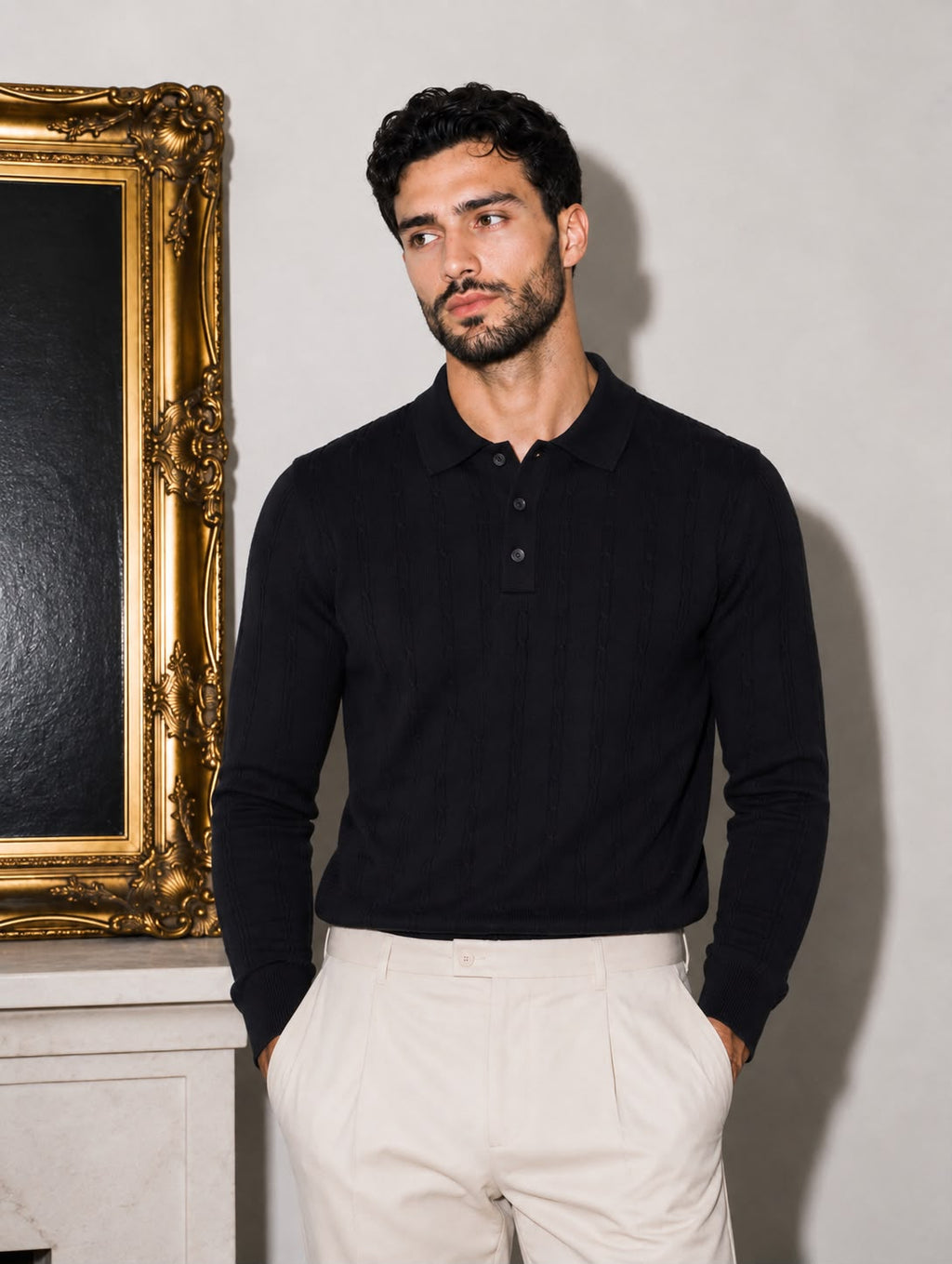 Royal Cable Knit Polo in Black