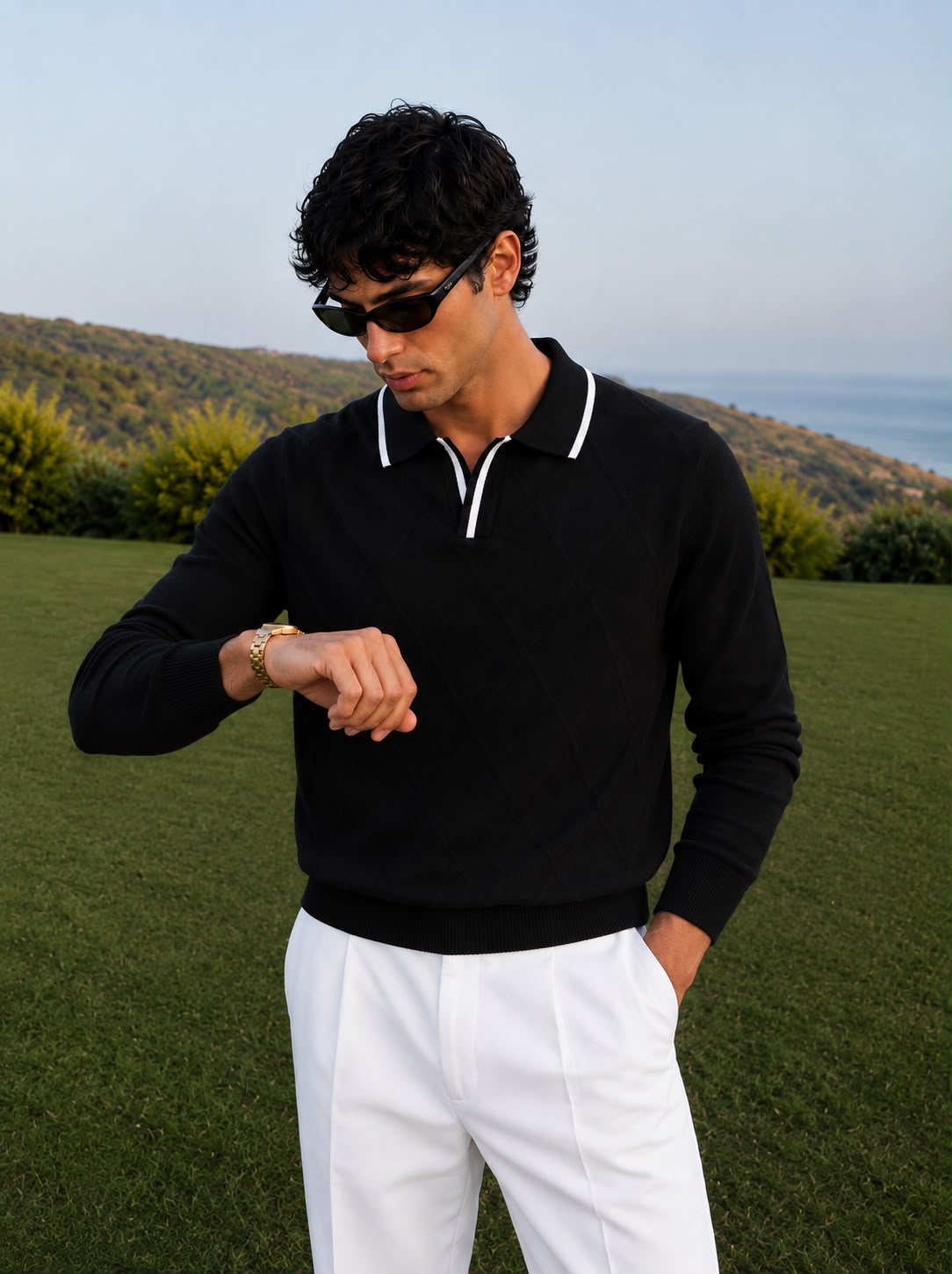 Monaco Knit Polo in Black with White Tipping and Zip Placket