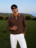 Monaco Knit Polo in Mocha with Ivory Tipping and Zip Placket