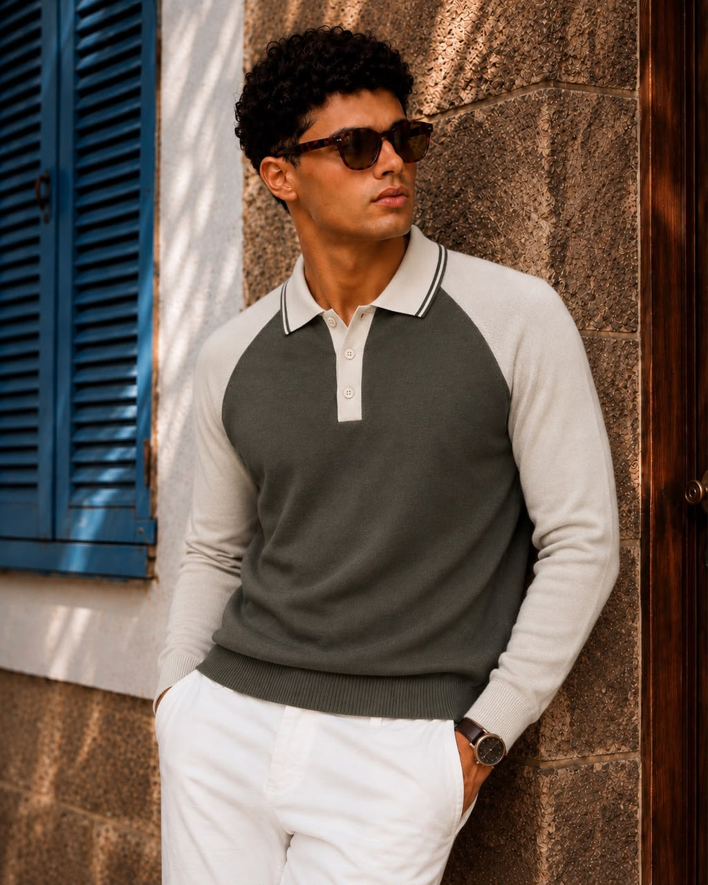 Classic Raglan Knit Polo in Olive with Light Grey Raglan Sleeves