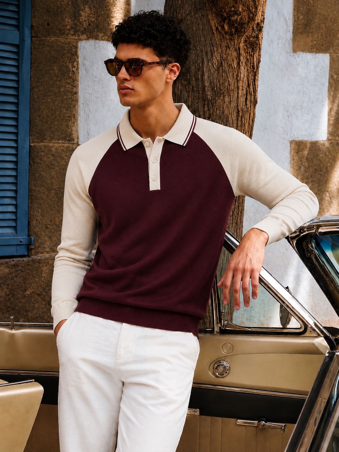 Classic Raglan Knit Polo in Burgundy with Cream Raglan Sleeves