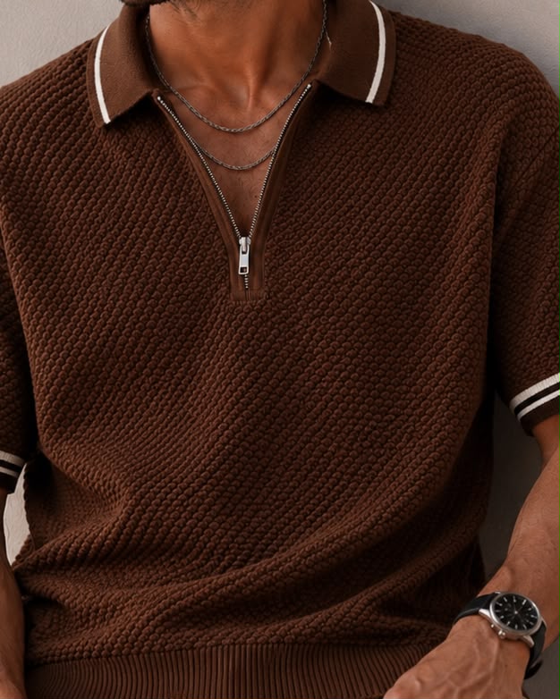 POPCORN KNIT HALF ZIP BROWN POLO
