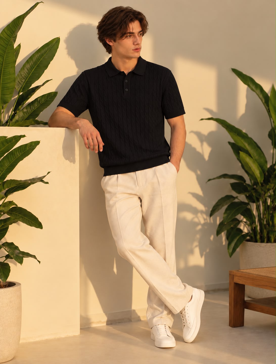Model wearing a black short-sleeve knit polo with cream trousers